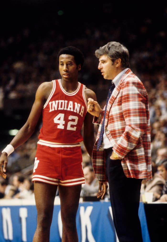 Dec 15, 1979; Lexington, KY, USA; FILE PHOTO; Indiana Hoosiers forward Mike Woodson (42) and head coach Bobby Knight talk on the sideline against the Kentucky Wildcats at Rupp Arena during the 1979-80 season.